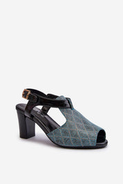 Carelia Buckled Post Heel Sandals in eco leather with adjustable strap and post heel, featuring a modern design and comfortable fit.