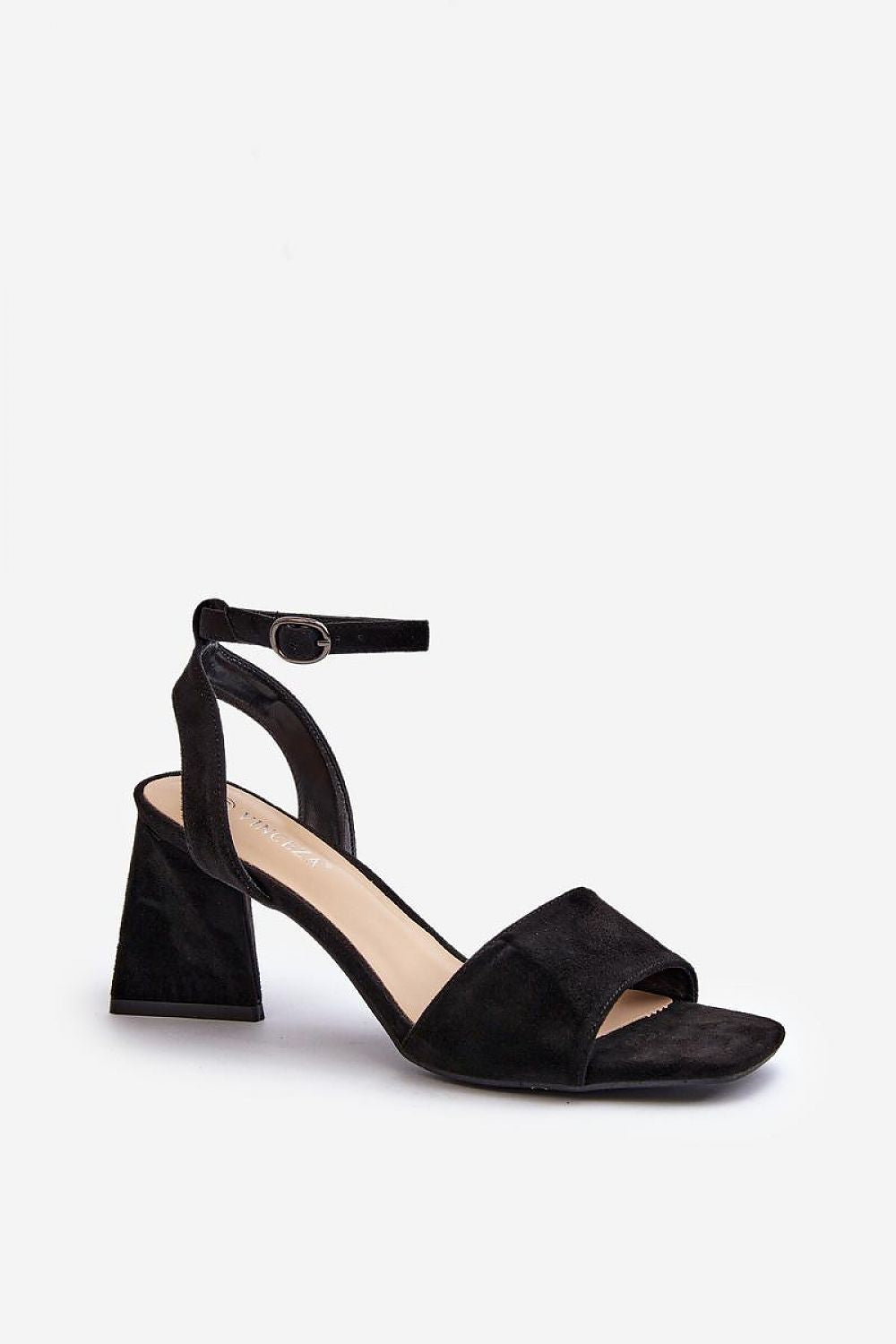 Solavine High Suede Strap Sandals with block heel, adjustable ankle strap, in eco-friendly imitation leather for elegant occasions.