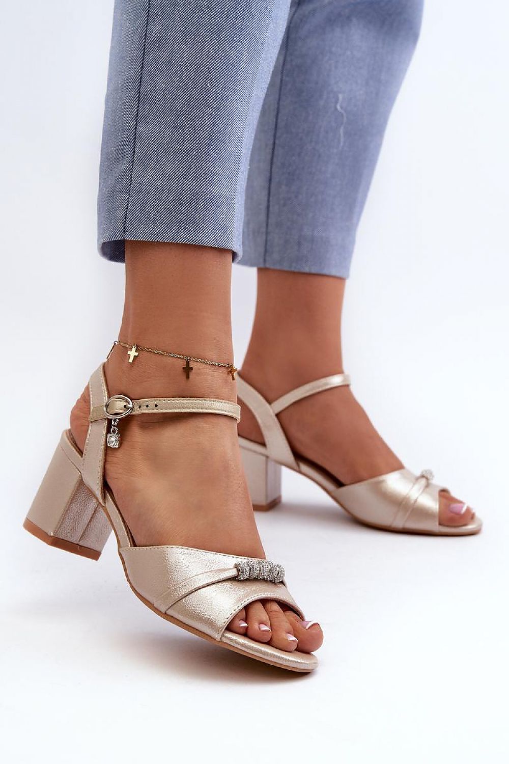 Avenari Soft Suede Embellished Sandals with eco-suede finish, minimal adornments, and stable block heels, ideal for evening wear.