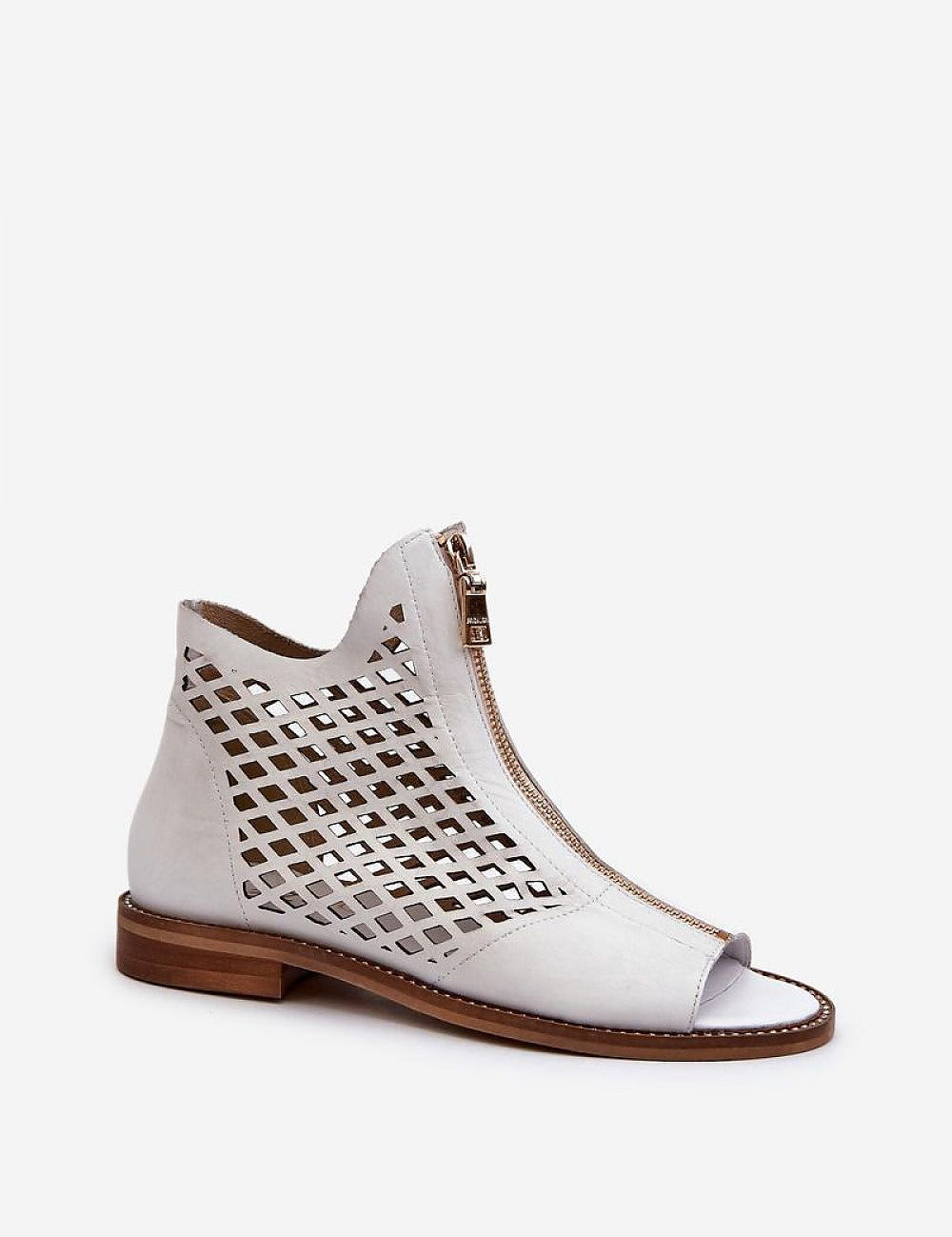 Almeryn Zipped Openwork Flat Sandals with breathable leather design and front zipper, featuring delicate sole zircons.