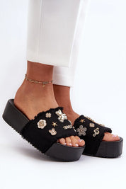Toriva Foam Platform Badge Slides with whimsical badges, lightweight design, and 1.77-inch platform, offering casual height and comfort.