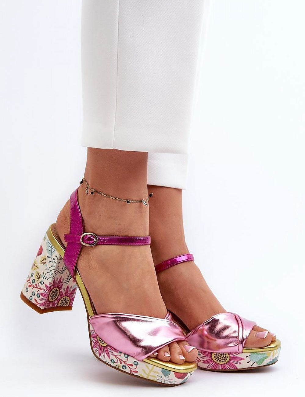 Florvella Patterned Block Heel Sandals with floral design, pink artificial leather, block heel, and adjustable buckle strap.
