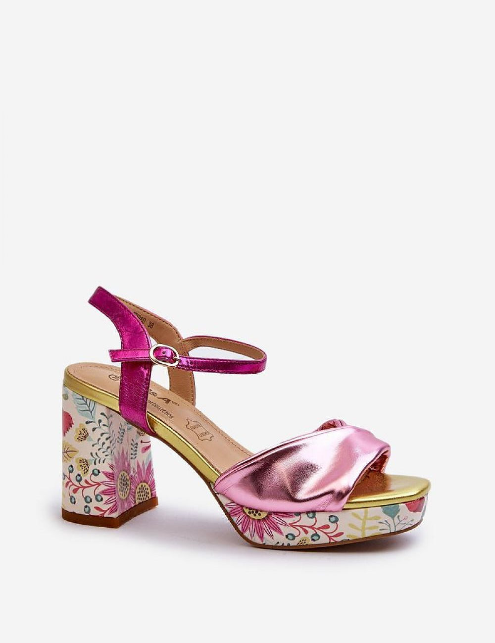 Florvella Patterned Block Heel Sandals with pink artificial leather and floral details, featuring an adjustable buckle strap.