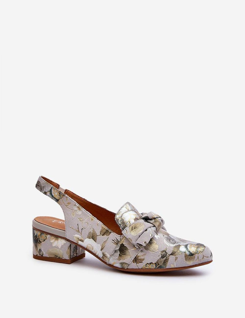 Elviera Floral Leather Heel Sandals with floral pattern, low heel, and ankle strap for stylish comfort and everyday elegance.