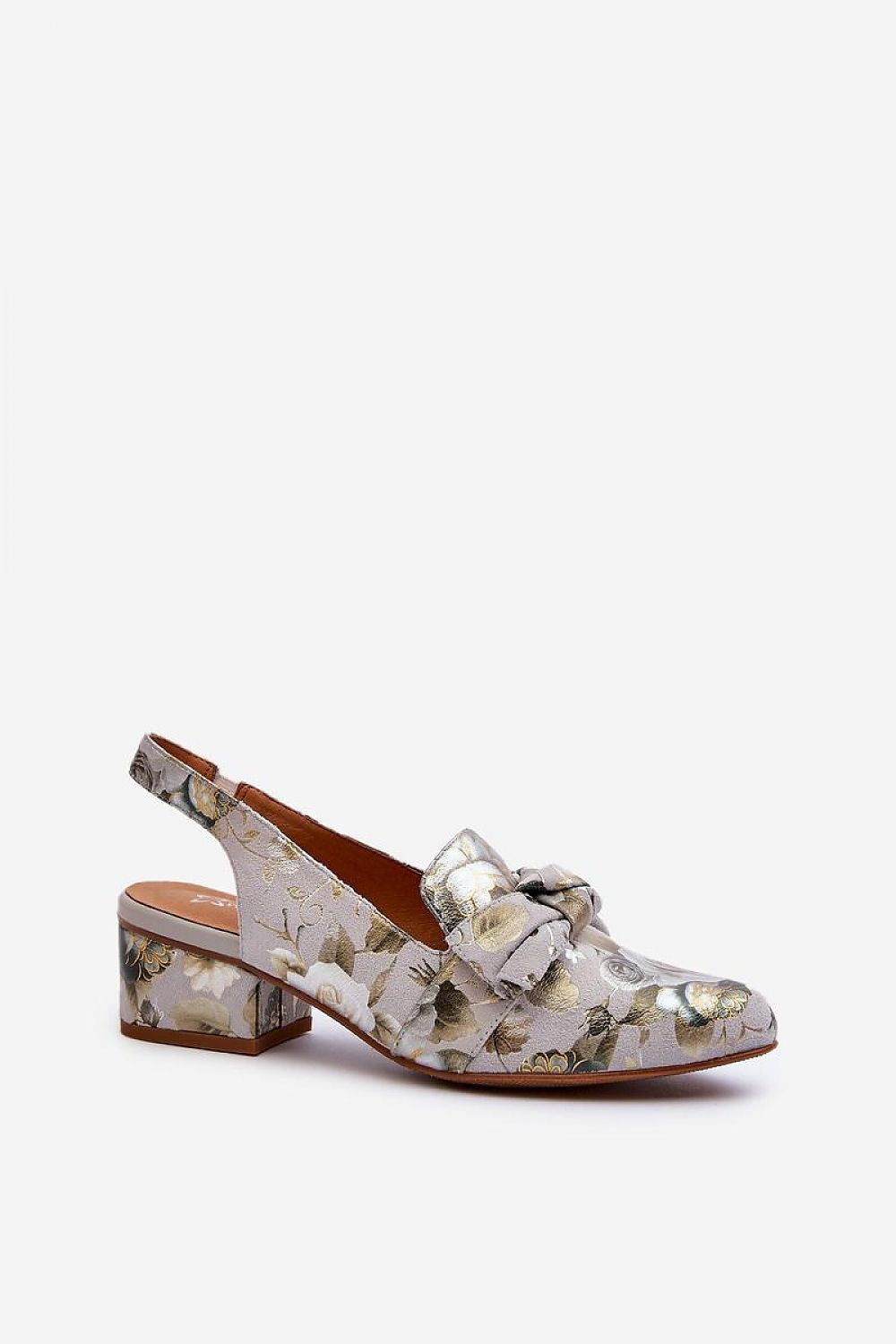 Elviera Floral Leather Heel Sandals with floral pattern, low heel, and ankle strap for stylish comfort and everyday elegance.