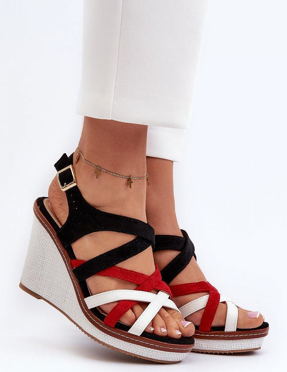 Seranta Braided Sole Wedges with eco leather and suede-like straps on high wedge with braided detailing.