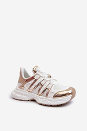 Astaria Thick-Soled Street Sneakers in white with gold accents, featuring a sturdy silhouette and removable cushioned insole.