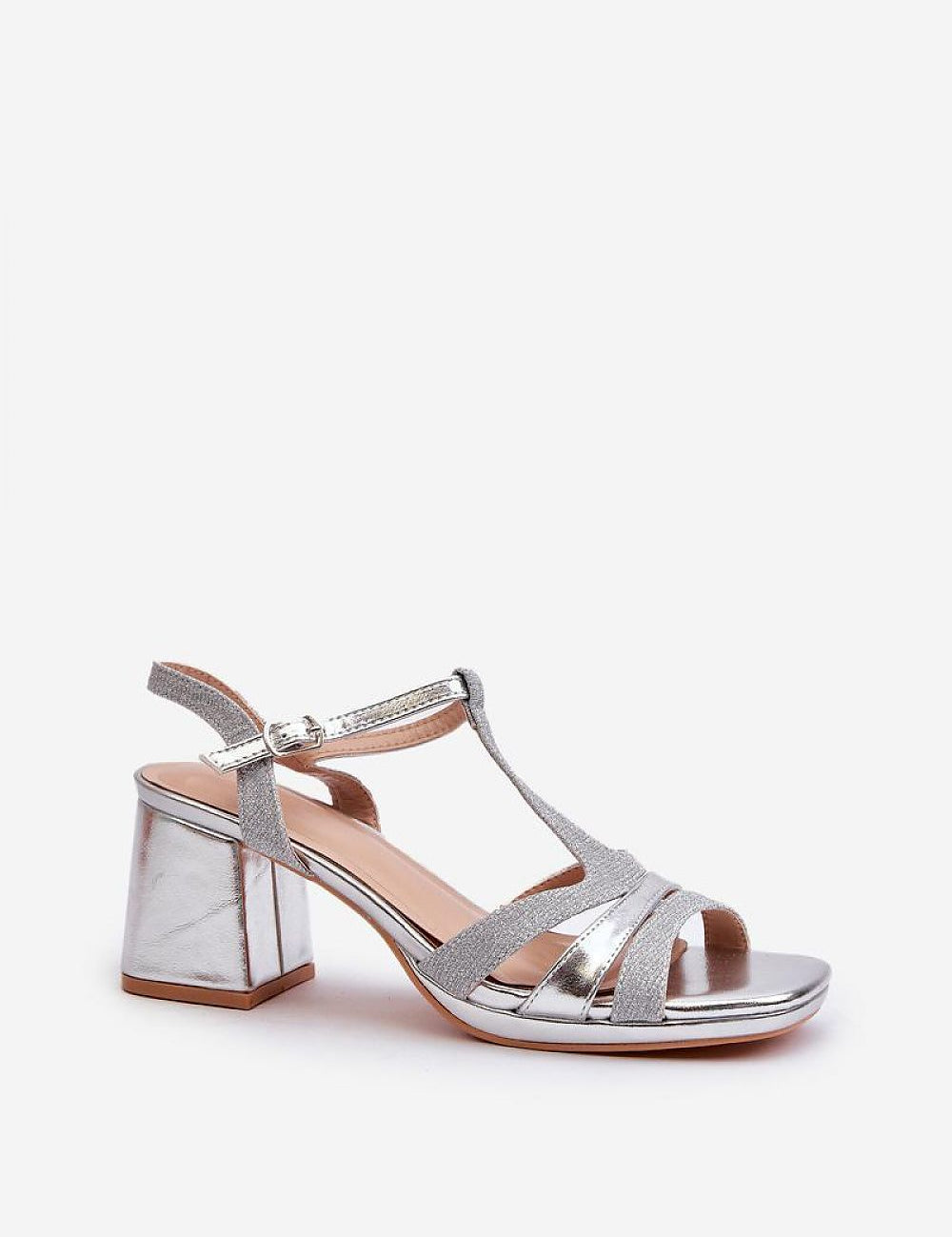 Silver Alverina Block Heel Sandals with adjustable buckle, eco leather upper, offering balance and style for summer evenings.
