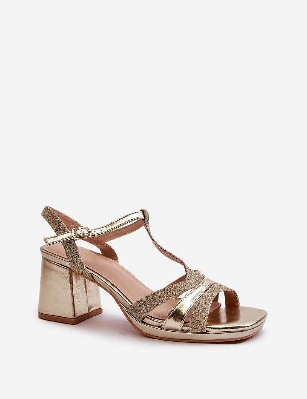 Shiny block heel sandals with strappy gold upper and adjustable buckle, crafted from eco leather for a refined summer look.