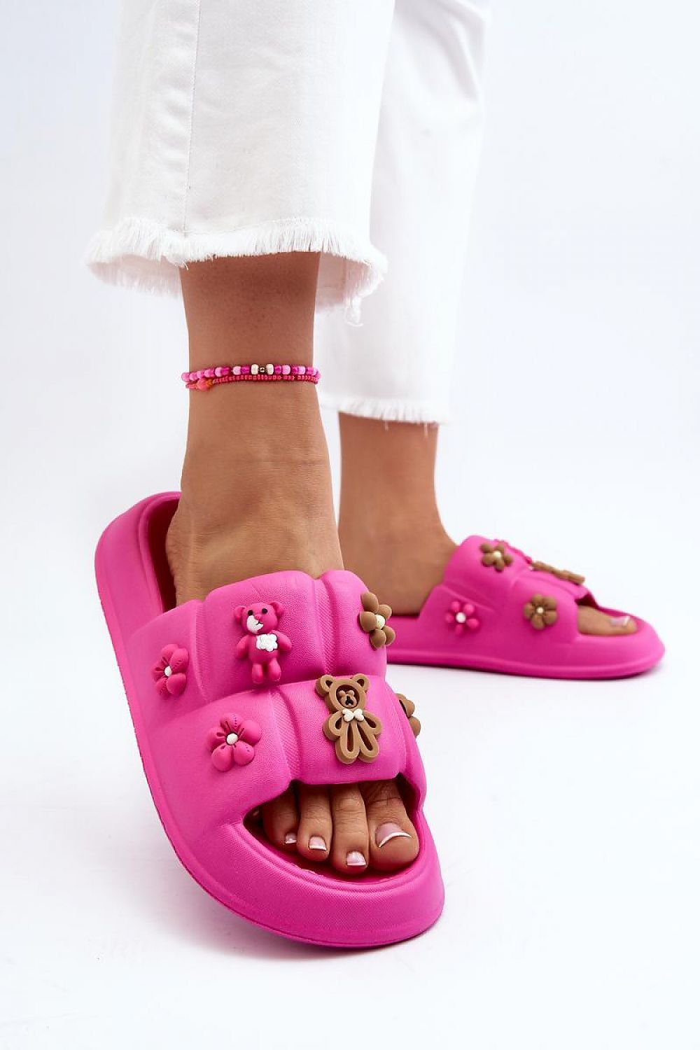 Pink Valessa Foam Platform Summer Slides with playful accents and broad strap, offering comfort and style for beach strolls or casual wear.