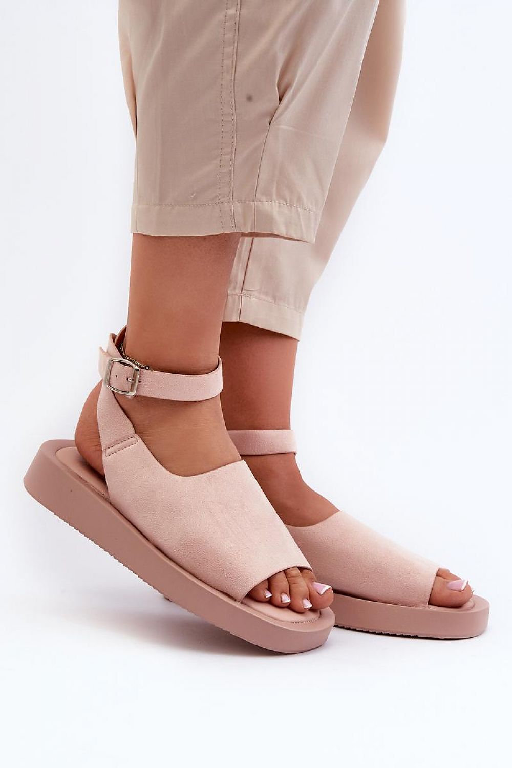 Side view of Nirella Suede Platform Sandals with eco-suede and adjustable ankle strap, showcasing refined style and comfortable platform design.