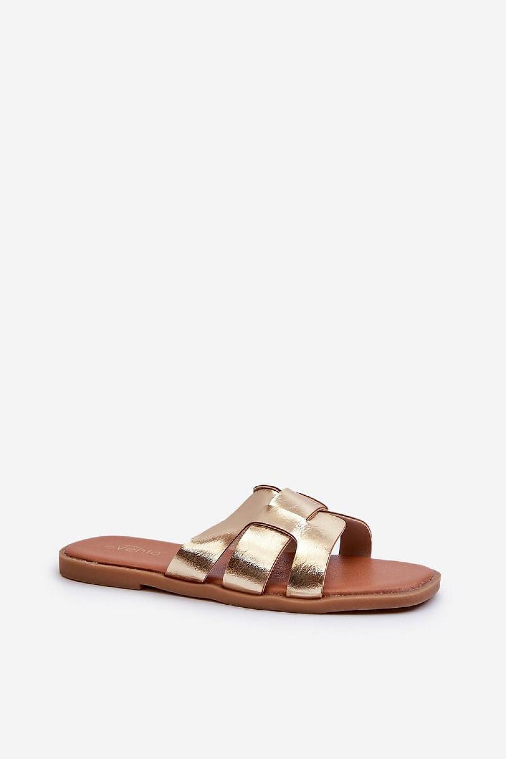 Gold faux leather flip-flops with slim straps and cushioned insole, perfect for summer comfort and style.