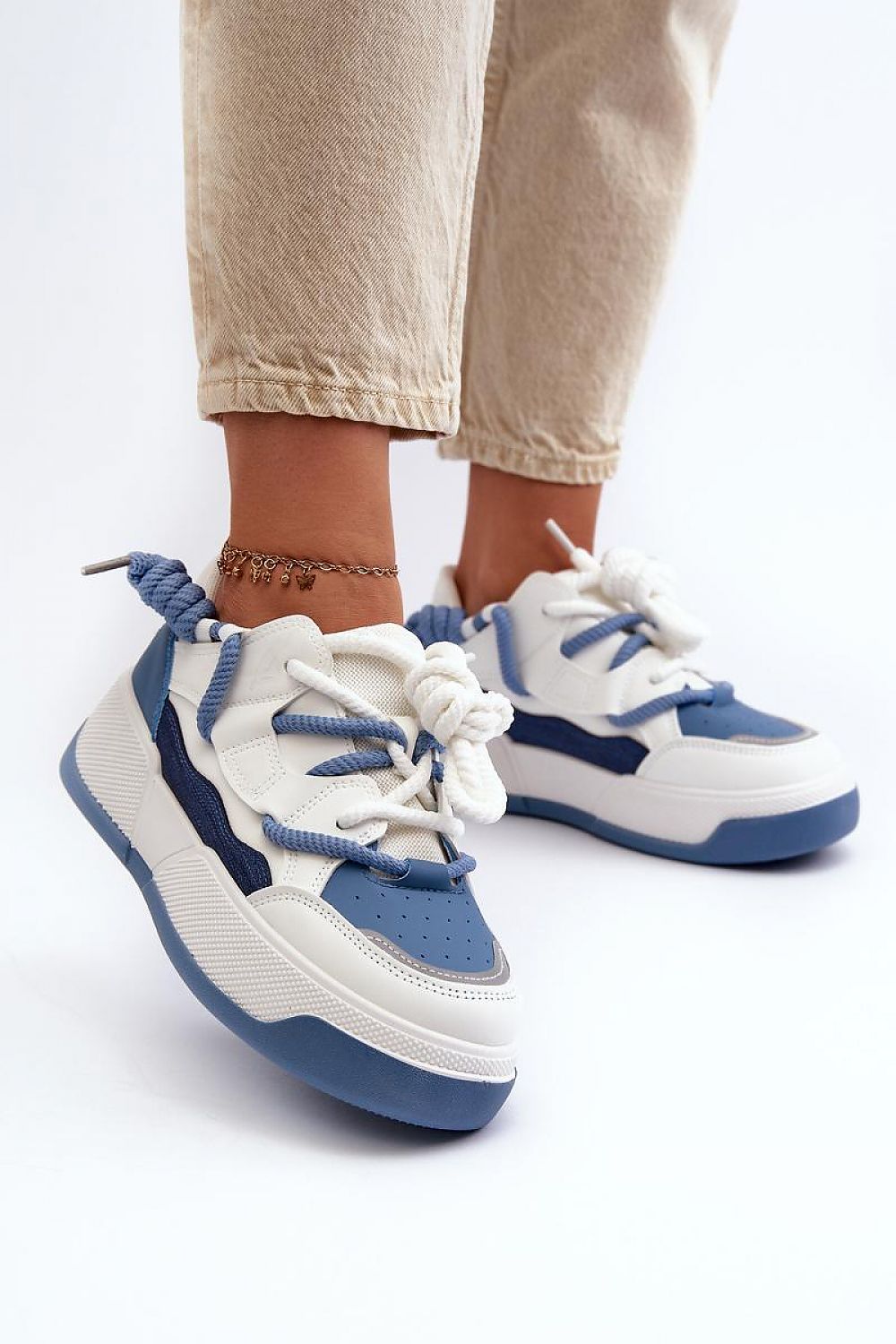 Velenta Modern Platform Sneakers in white and blue, perfect for urban style and comfort, featuring a sleek artificial leather upper.