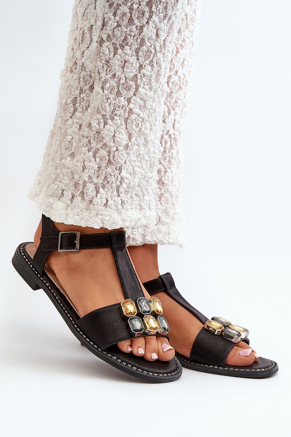 Selenta Decorative Summer Sandals with embellishments and elastic heel strap, ideal for comfortable daily wear.