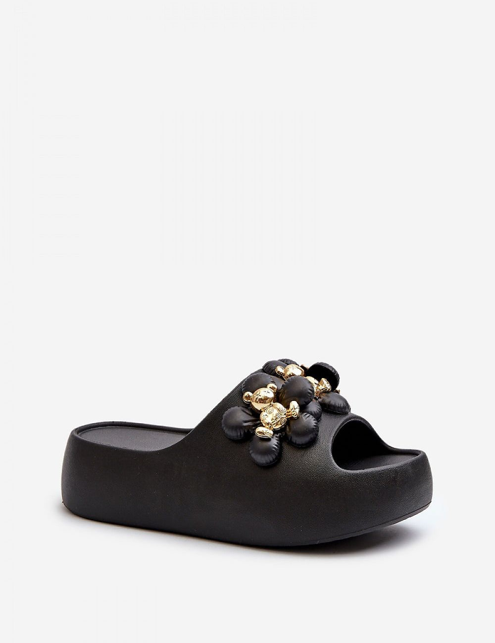 Kensura black platform summer flip-flops with decorative gold accents and thick sole for comfort and style.