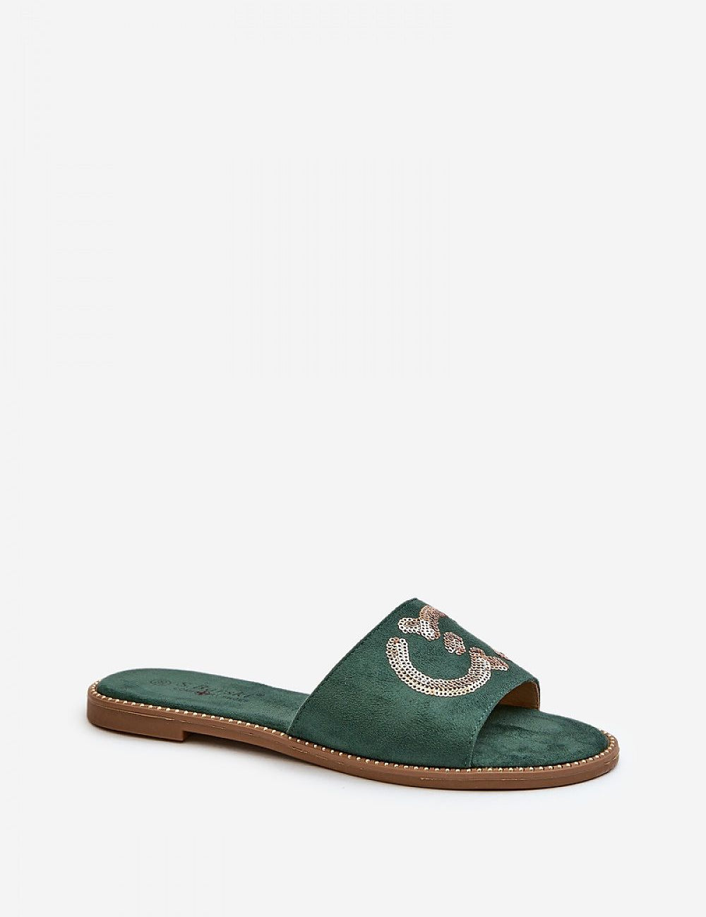 Naerelle Suede Spark Flip-Flops in green with sequin decor, offering comfort with a wide strap and cushioned insole.