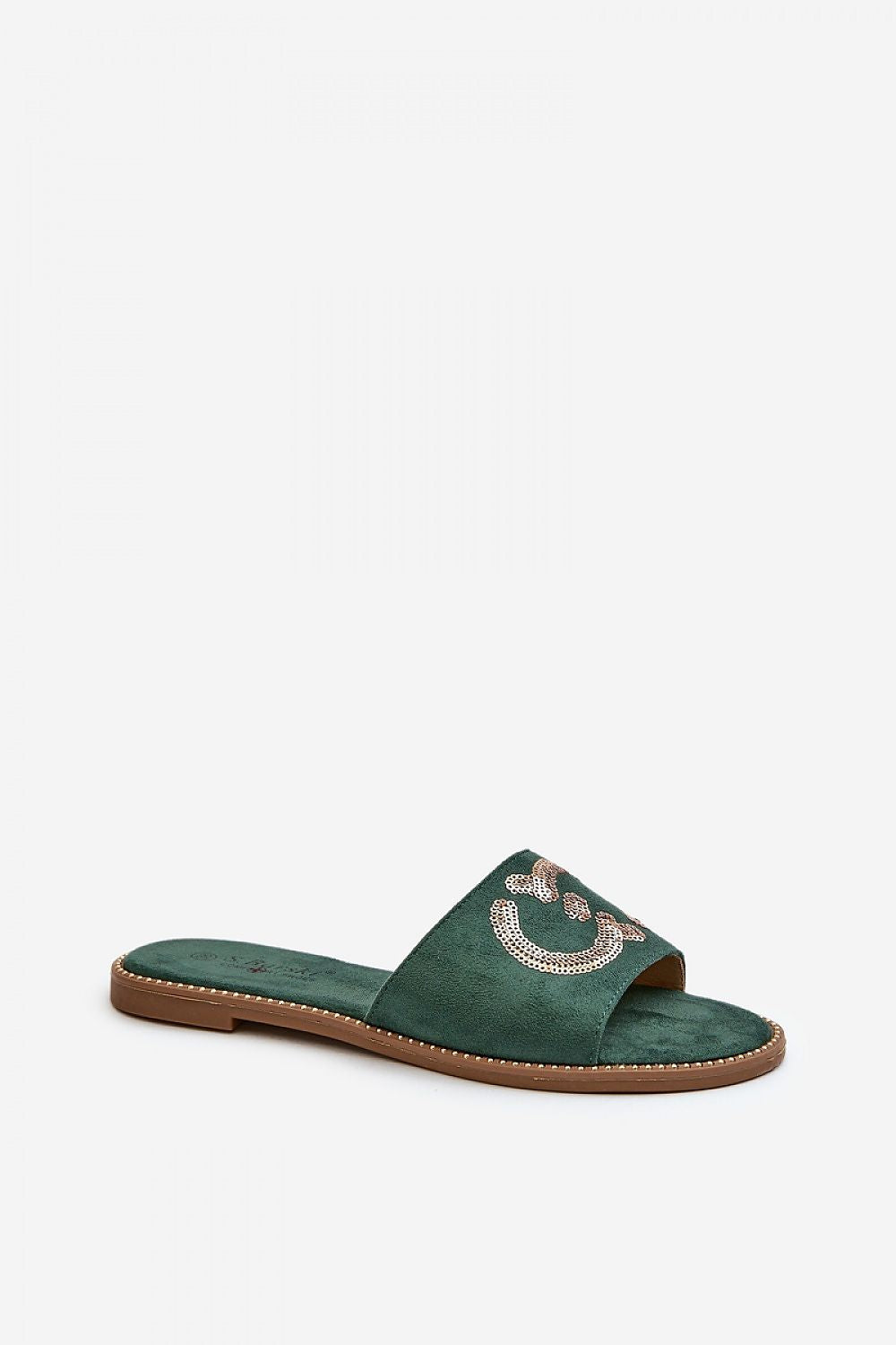 Naerelle Suede Spark Flip-Flops in green with sequin decor, offering comfort with a wide strap and cushioned insole.