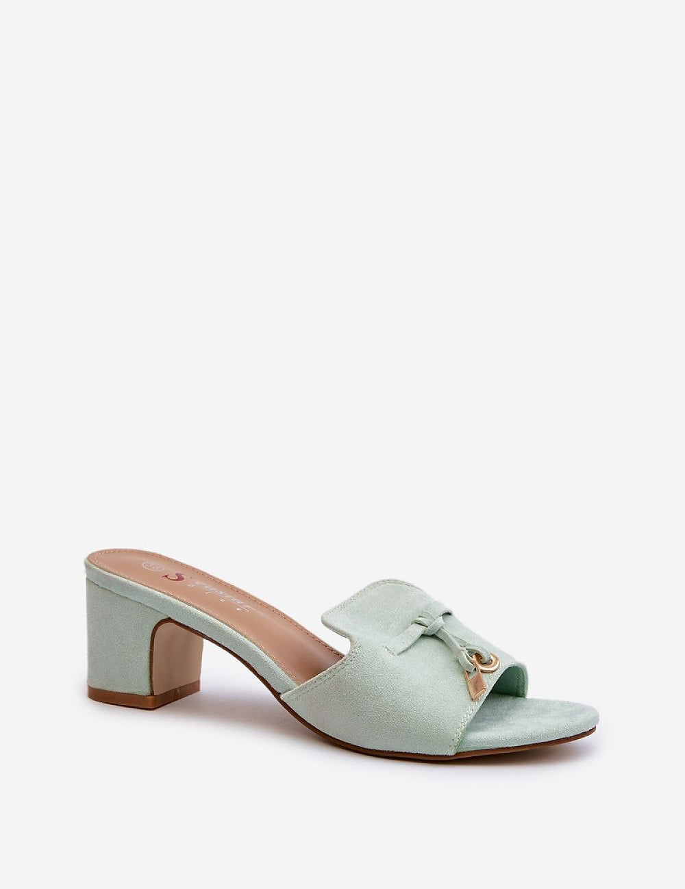 Solvera heeled suede flip-flops in mint green with a 5.5 cm heel, offering a minimalist and elegant summer footwear design.