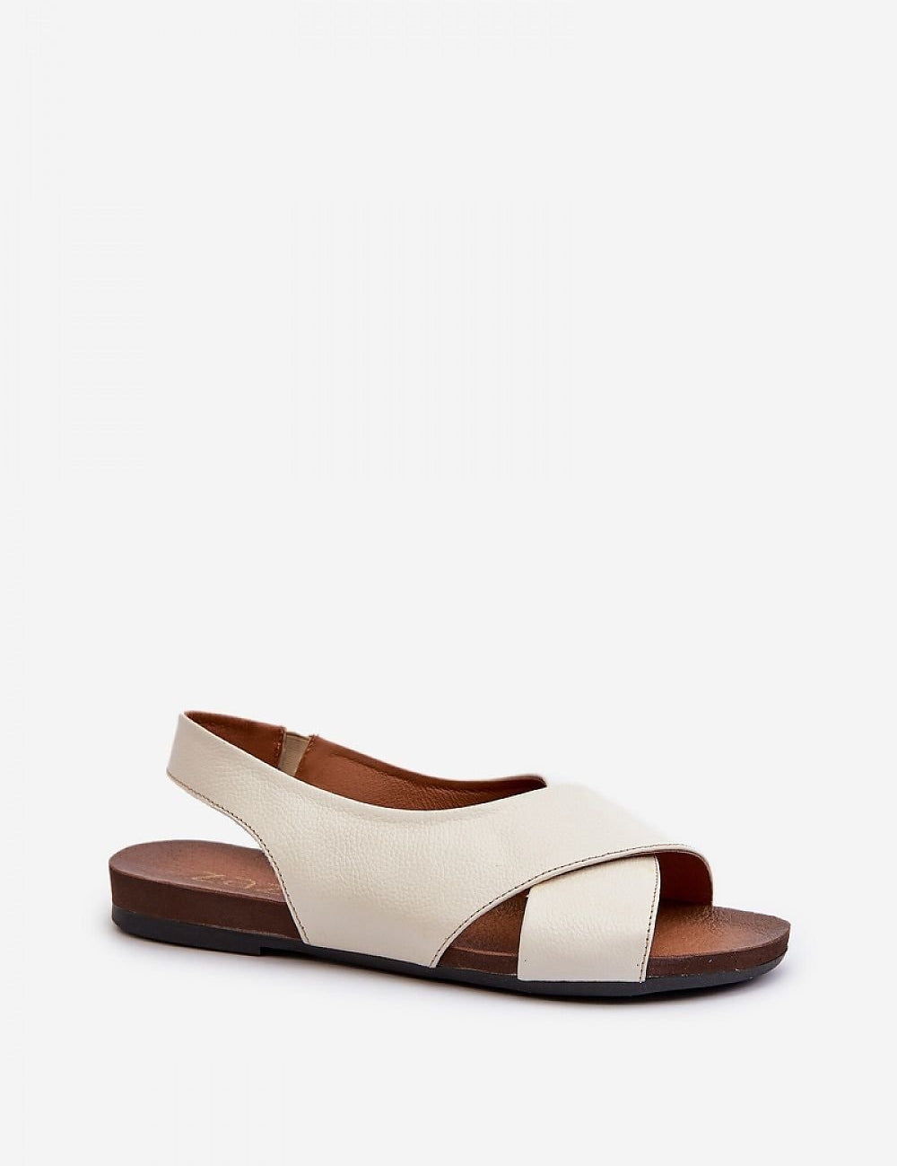 Elegant women's leather sandals with open toe and heel, flat sole, and elastic strap for stability. Ideal for summer fashion. Model 198729.