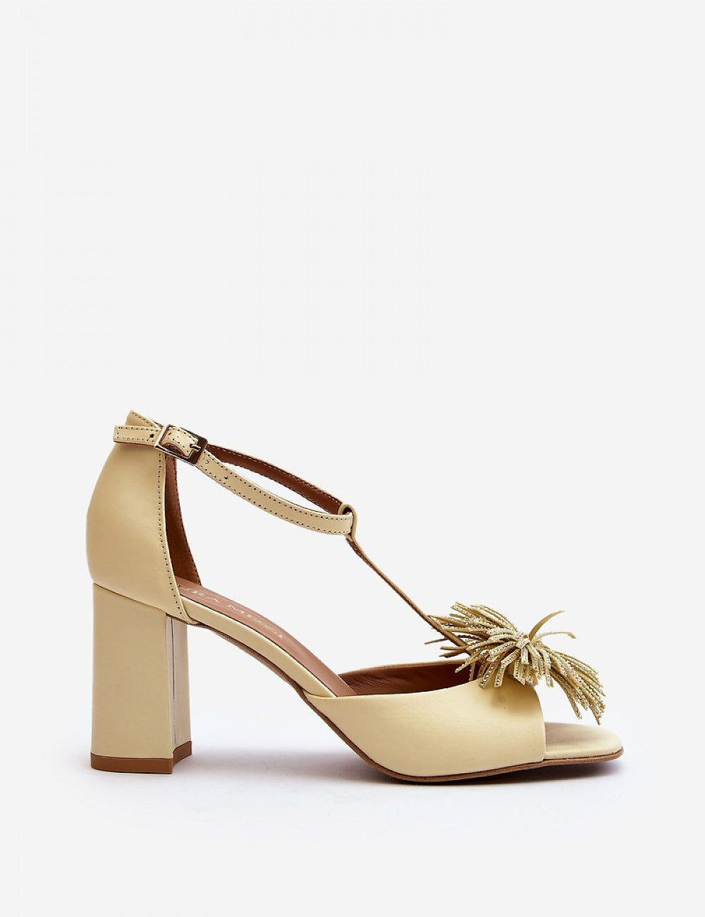 Alessira Post-Heel Leather Sandals in natural leather with sculpted heel and front ornament, featuring an adjustable ankle strap.