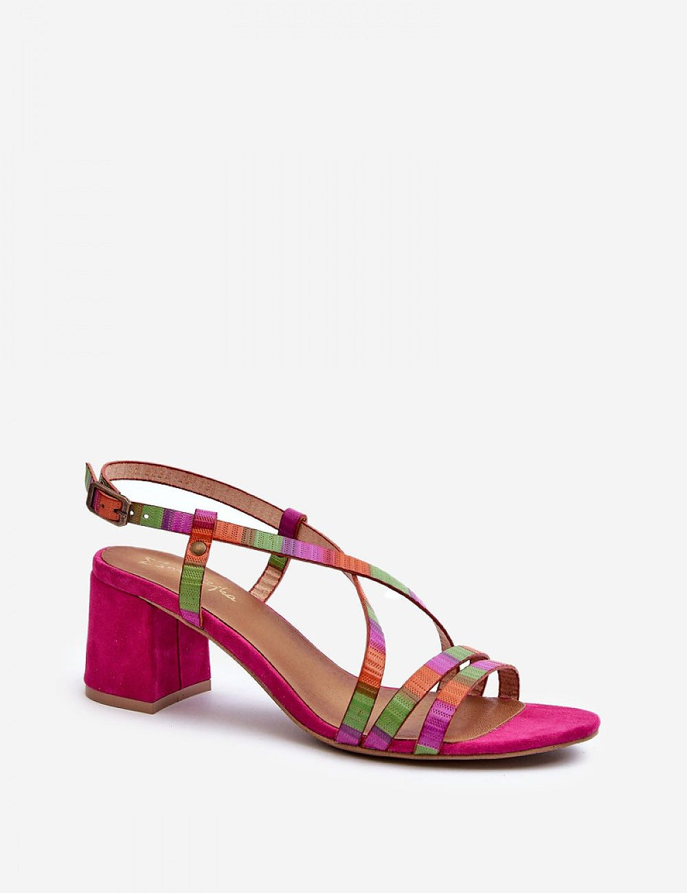 Arceline colorful leather strap sandals with mid-height heel, featuring an elegant and comfortable design for stylish wear.