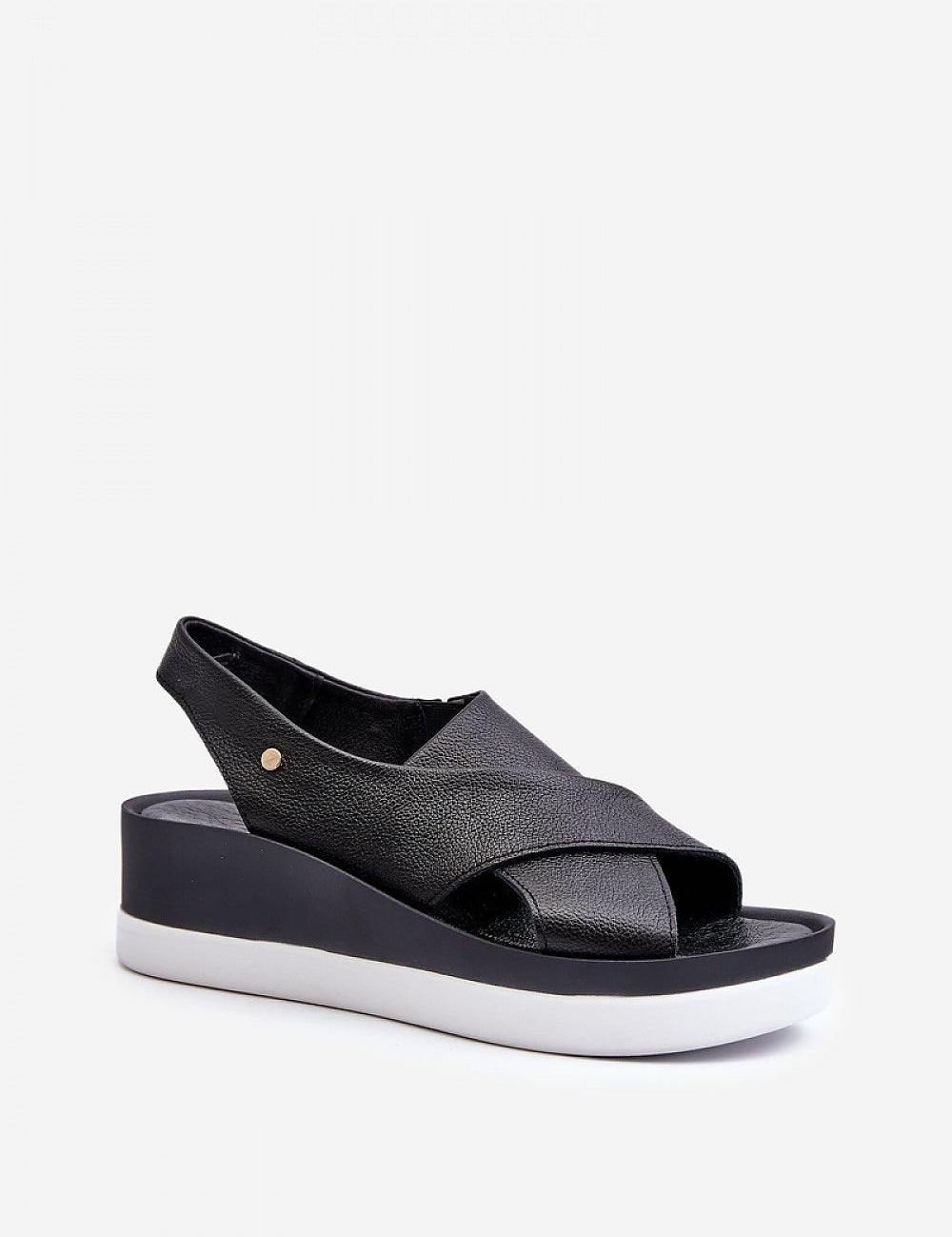 Women's Buskin Model 198813 sandals, black natural leather slip-on with elastics, platform sole, and decorative emblem.