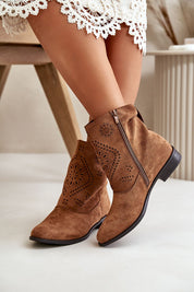 Aurelith Laceveil Suede Ankle Boots with Intricate Cutout Pattern and Side Zipper, Showcasing Eco-Friendly and Elegant Design