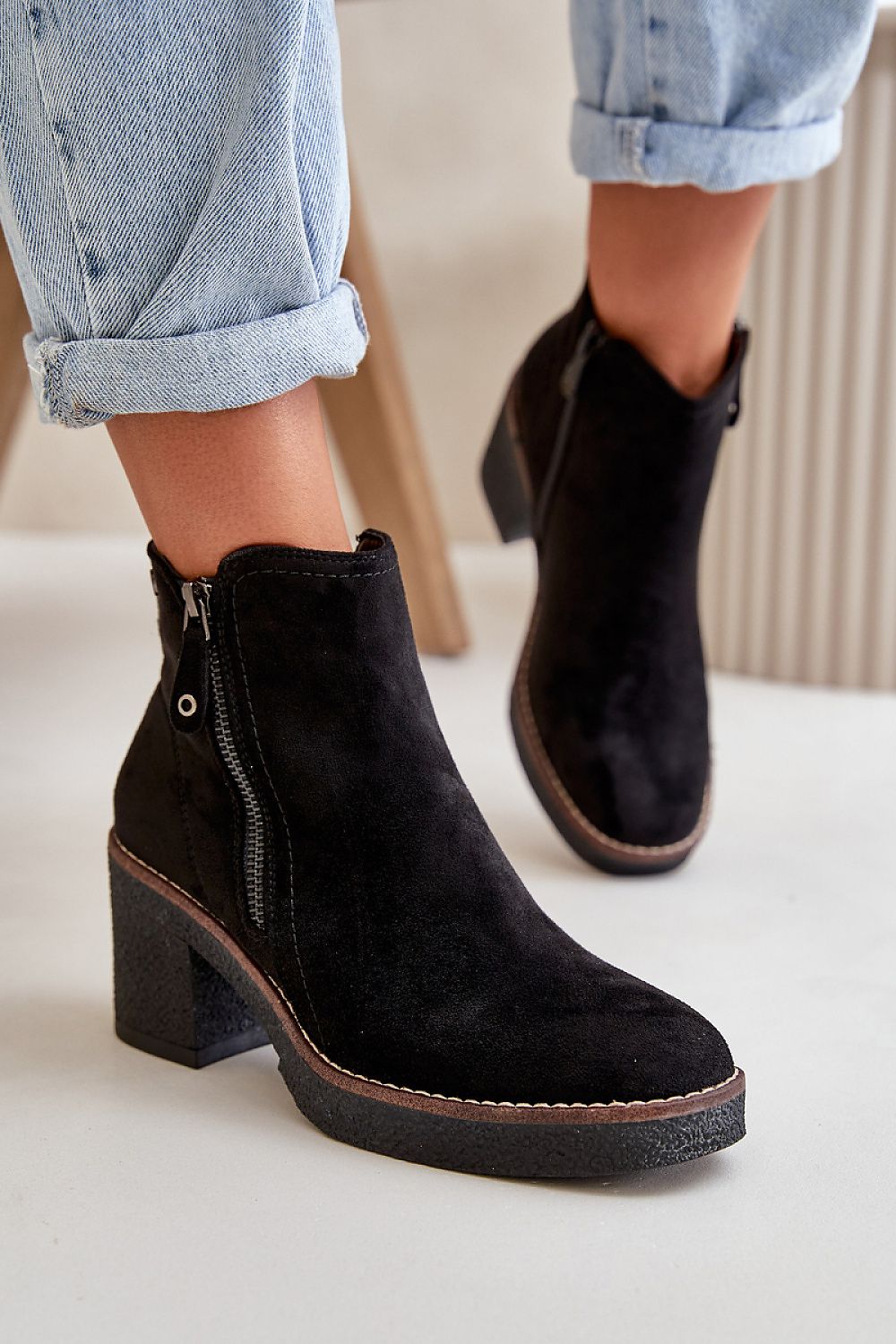 Sylmara Hearthstep eco suede ankle boots with block heel and side zipper for autumn and winter, providing warmth and style.