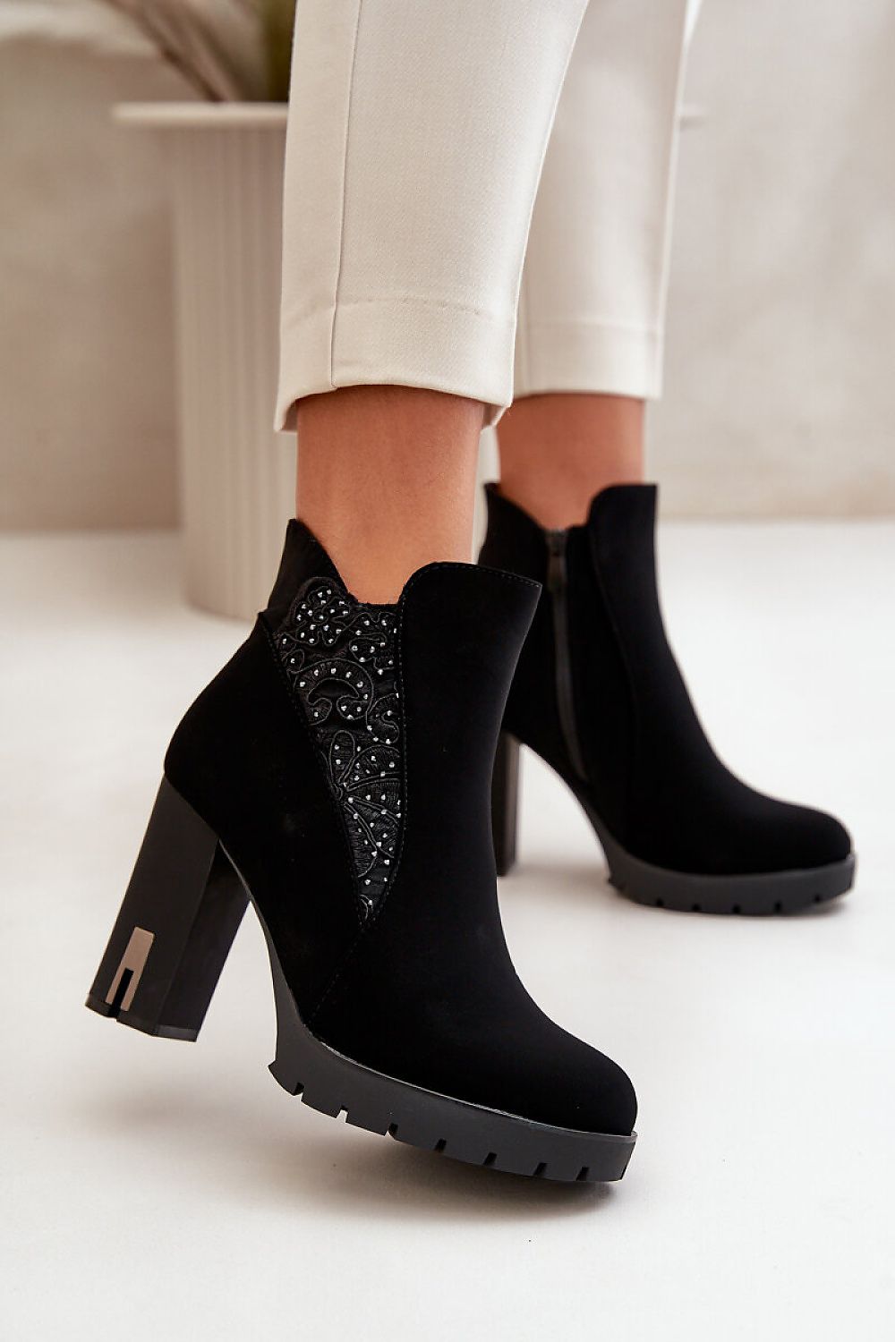 Elarayne Crestveil Midnight Rise eco-leather ankle boots with embroidery, high heel, and side zipper for stylish winter comfort.