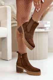 Velmorin suede block heel boots with eco-friendly material, fleece lining, and side-zip closure for autumn and winter style.