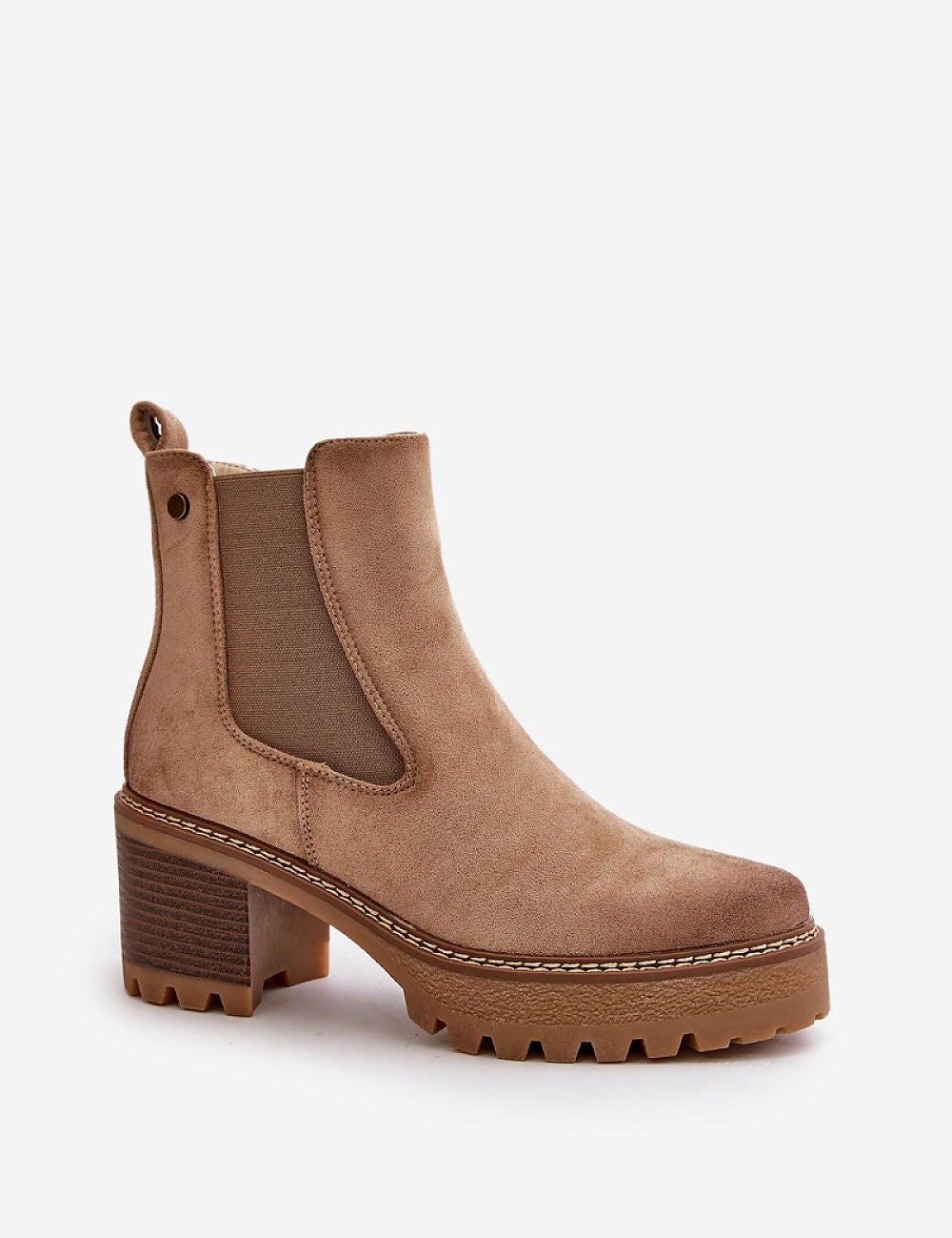 Velmorin suede block heel boots with eco-suede finish, side-zip closure, and fleece lining for comfort and style in autumn and winter.