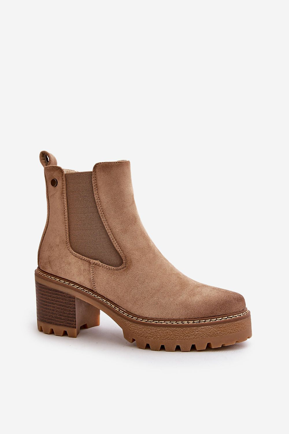 Velmorin suede block heel boots with eco-suede finish, side-zip closure, and fleece lining for comfort and style in autumn and winter.
