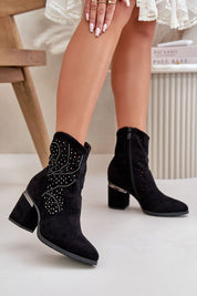 Elegant velvet ankle boots with intricate lacing, pointed toe, and block heel, crafted from eco suede for versatile day-to-evening wear.