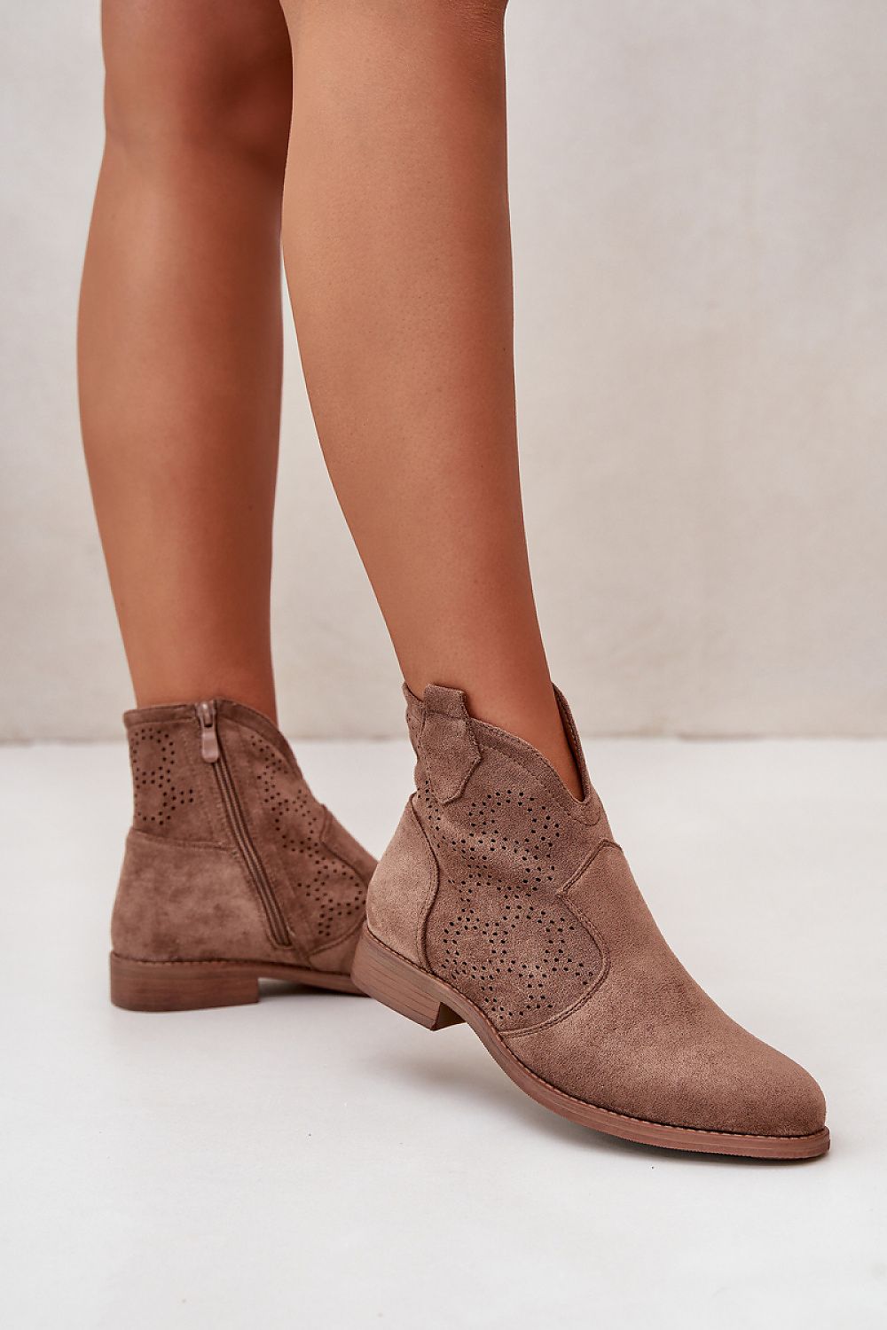 Eliavine Laceshade Spring Ease ankle boots in eco suede with lace-inspired detail, flat heel, and side zipper for effortless wear.