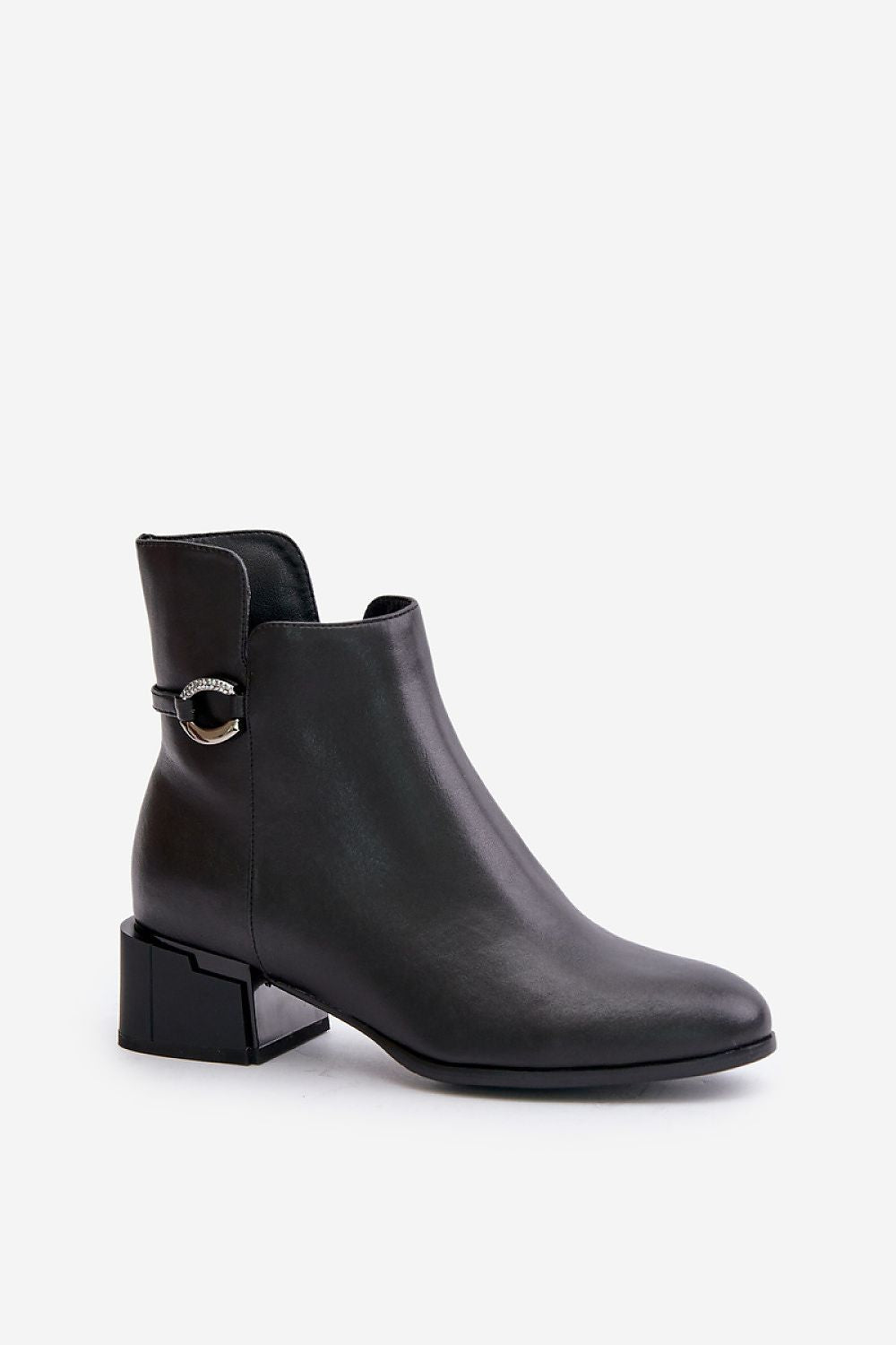 Malvory sleek high-heel ankle boots in black leather with decorative strap, side zipper, and block heel for elegant style and comfort.