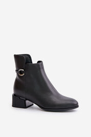 Malvory sleek high-heel ankle boots in black leather with decorative strap, side zipper, and block heel for elegant style and comfort.