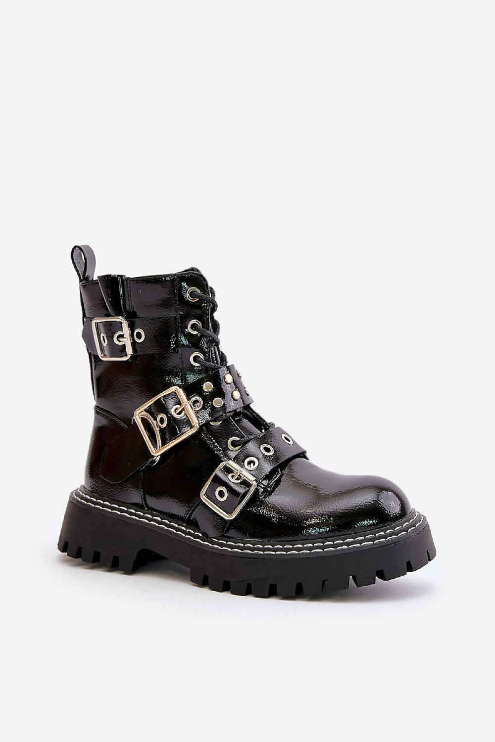 Tirelle Buckled Platform Ankle Boots with eco leather, decorative straps, and flat heel, perfect for winter outfits.