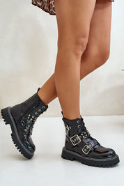 Tirelle Buckled Platform Ankle Boots with eco leather and decorative straps, featuring a flat heel and lightweight platform for comfort.