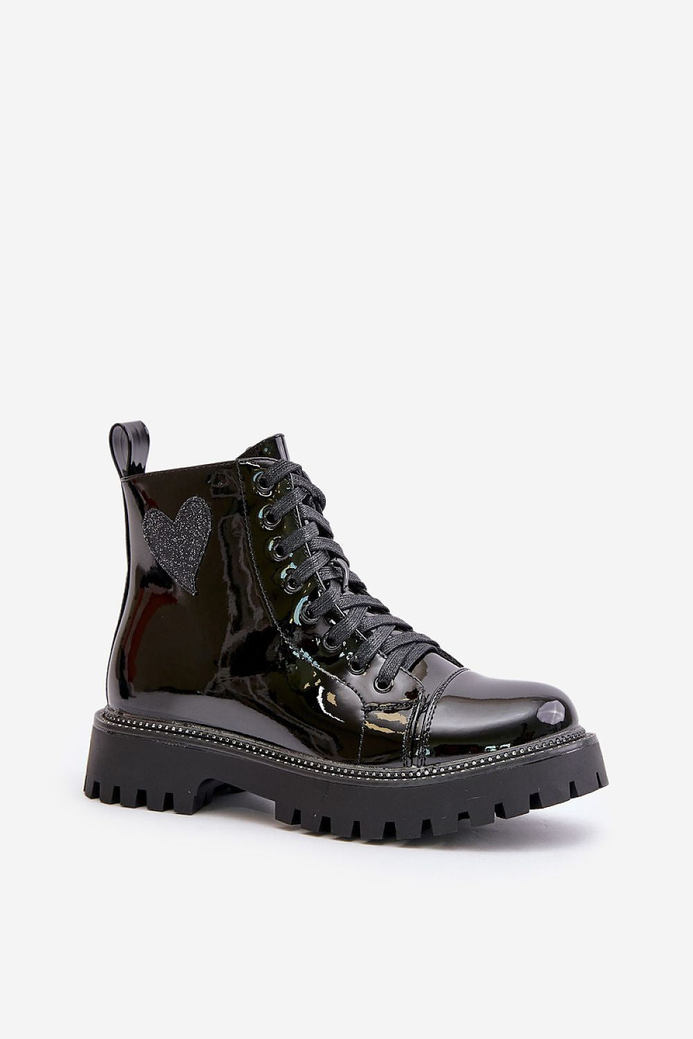 Vellora Glitter Heart Ankle Boots with side zipper and rhinestone trim on chunky sole in glossy black eco leather.