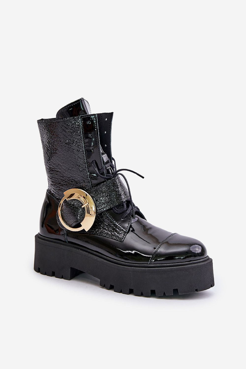 Bravora Leather Buckled Platform Boots with gold buckle, black patent finish, side zipper, lace-up front, and stable platform heel.