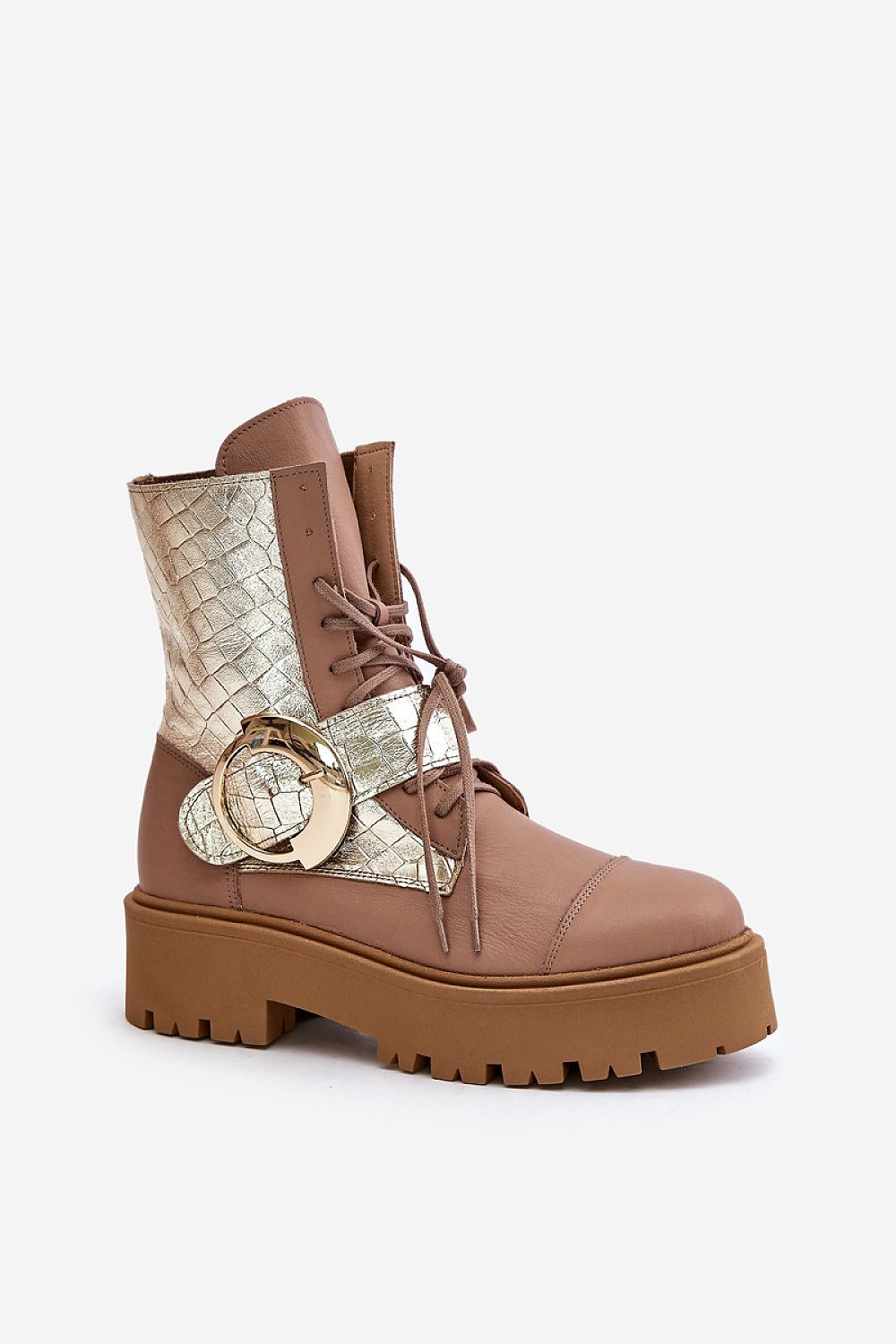 Bravora Leather Buckled Platform Boot with large buckle and side zipper on a chunky platform sole.