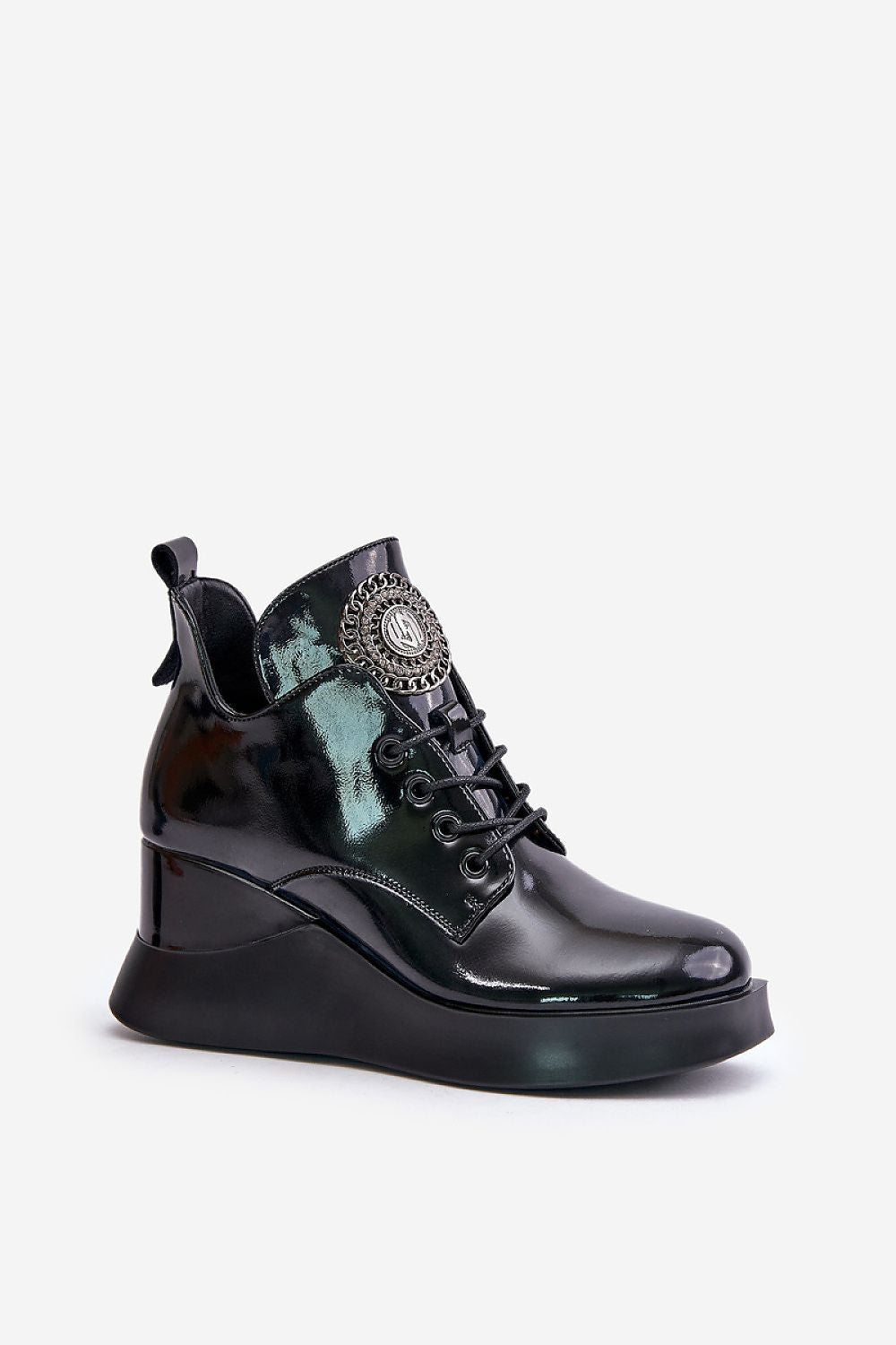 Alt Tag: Tavendra natural leather platform boots with block heel, side zipper, front lacing, and tongue embellishment for stylish urban wear.