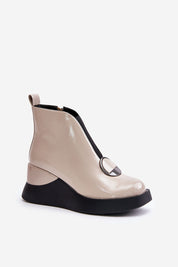 Bravina Platform Ankle Boots in eco leather with side zipper, elastic insert, and ornamental detail, featuring a substantial heel for comfort.