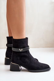 Arlena Suede Boots with Shimmer Trim featuring almond-shaped toes, cozy lining, 5 cm heel, and shiny decorative stripes, side zipper.