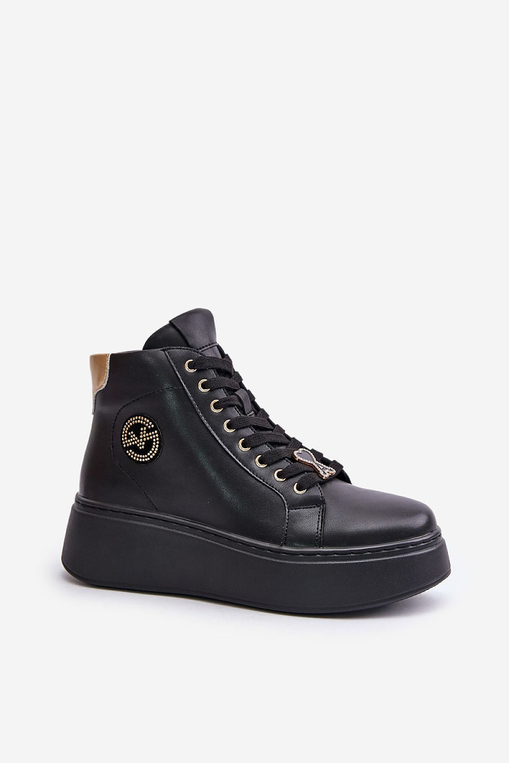 Ravella Leather Sneakers with Platform, featuring sleek black leather, bold platform, lace detail, side zipper, and warm textile lining.