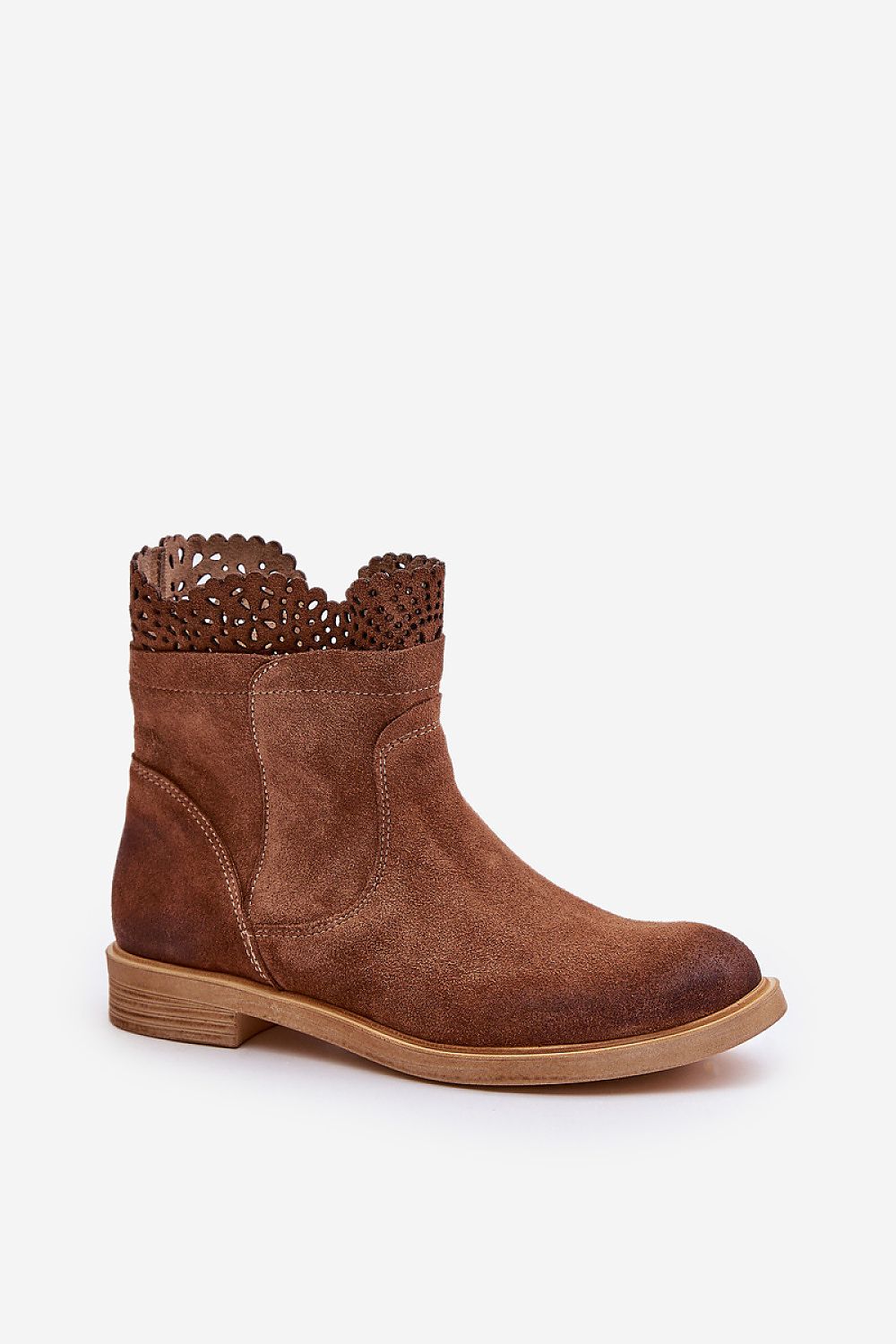 Valdera suede ankle boots with cutout detail, featuring flat heel, side zipper, and rounded toes, crafted from premium natural suede.