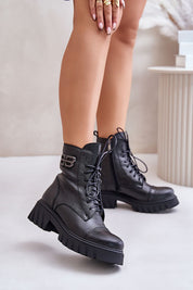 Lorvia Leather Platform Boots in black with lace-up design, golden accent, and platform sole for autumn and winter style.