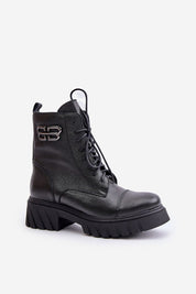Lorvia Leather Platform Boots with gold accent, side zipper, and laces. Crafted from genuine leather for autumn and winter wear.
