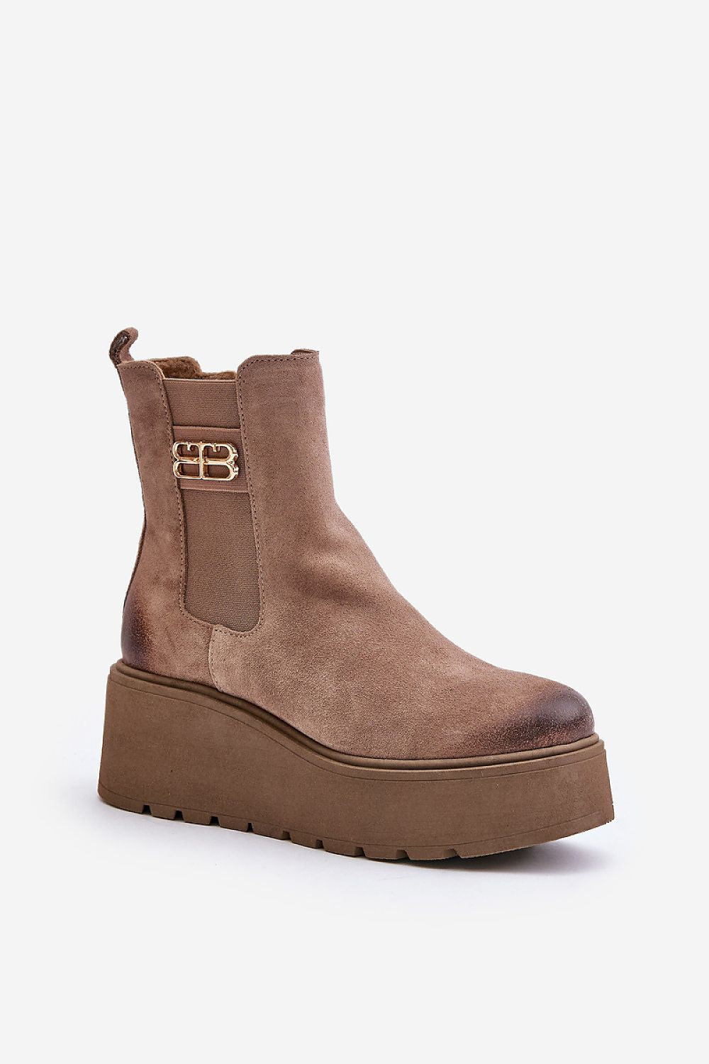 Varelyn Suede Platform Boots in brown with side zipper and decorative upper detail, thick platform, and sturdy heel for winter style and comfort.
