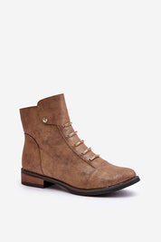 Brown ankle boots with flat heel, lace-up front, and side zipper, made from eco leather. Perfect for everyday warmth and comfort.